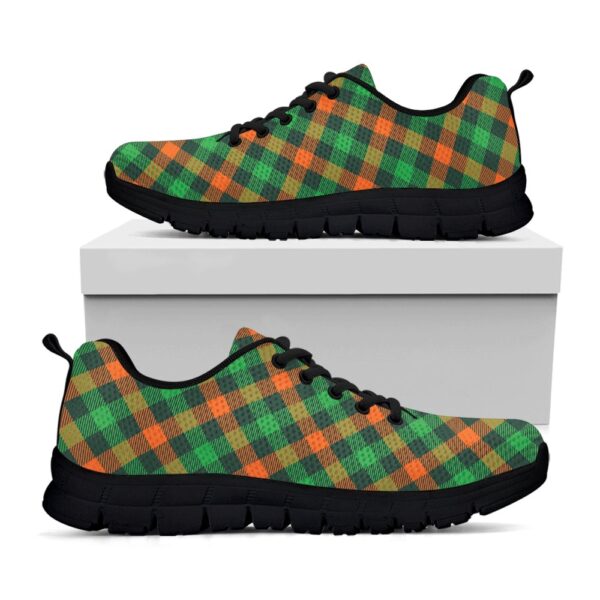 St Patrick’s Day Shoes, Irish Saint Patrick’s Day Plaid Print Black Running Shoes, St Patrick’s Day Sneakers
