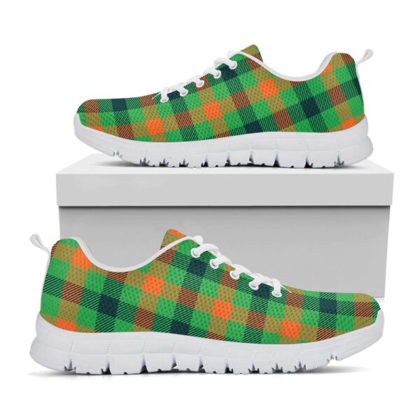 St Patrick’s Day Shoes, Saint Patrick’s Day Buffalo Plaid Print White Running Shoes, St Patrick’s Day Sneakers
