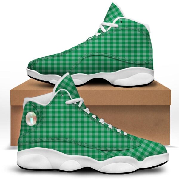 St Patrick’s Day Shoes, Saint Patrick’s Day Green Tartan Print White Basketball Shoes, St Patrick’s Day Sneakers