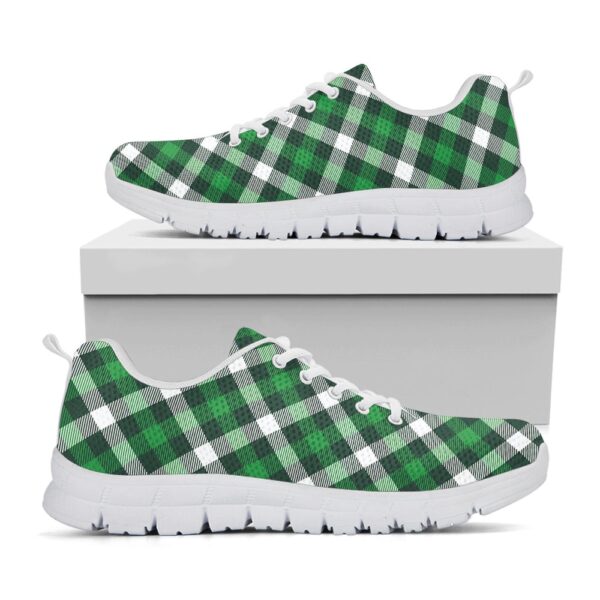 St Patrick’s Day Shoes, Saint Patrick’s Day Plaid Pattern Print White Running Shoes, St Patrick’s Day Sneakers