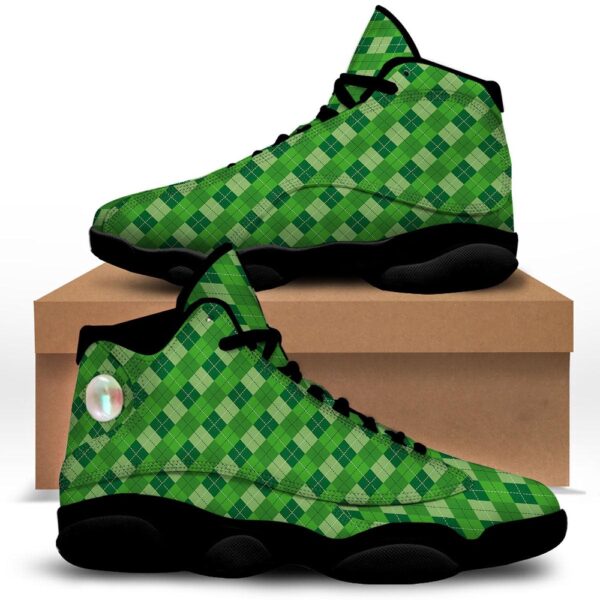 St Patrick’s Day Shoes, St. Patrick’s Day Green Plaid Print Black Basketball Shoes, St Patrick’s Day Sneakers