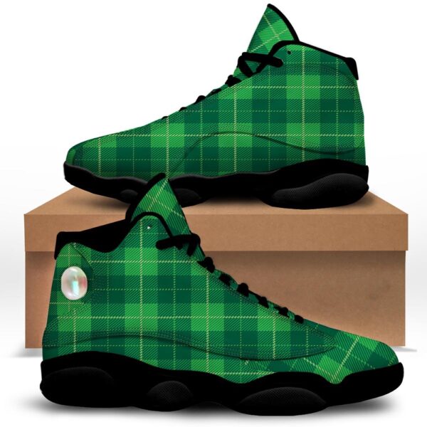 St Patrick’s Day Shoes, St. Patrick’s Day Shamrock Tartan Print Pattern Black Basketball Shoes, St Patrick’s Day Sneakers