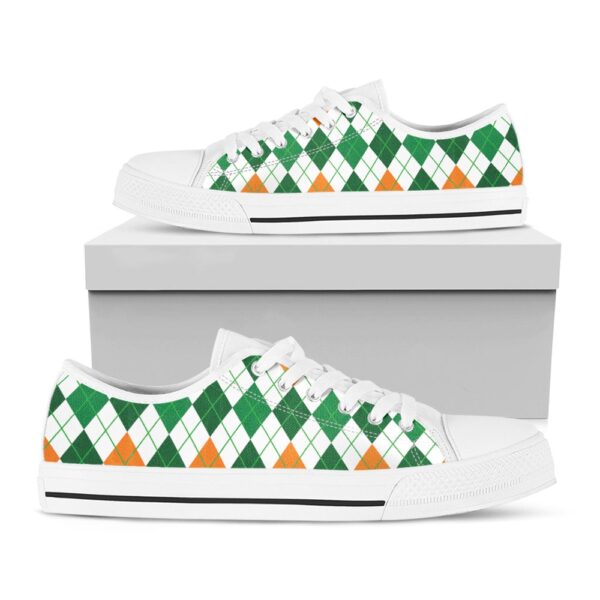 St Patrick’s Day Shoes, St Patrick’s Day Argyle Pattern Print White Low Top Shoes, St Patrick’s Day Sneakers