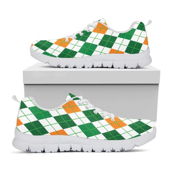 St Patrick’s Day Shoes, St Patrick’s Day Argyle Pattern Print White Running Shoes, St Patrick’s Day Sneakers