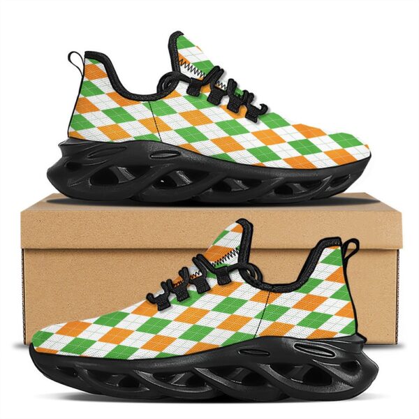 St Patrick’s Running Shoes, Argyle St Patrick’s Day Print Pattern Black Running Shoes, St Patrick’s Day Shoes