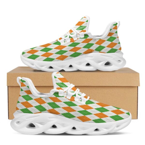 St Patrick’s Running Shoes, Argyle St Patrick’s Day Print Pattern White Running Shoes, St Patrick’s Day Shoes