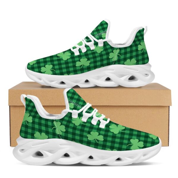 St Patrick’s Running Shoes, Buffalo Plaid St. Patrick’s Day Print Pattern White Running Shoes, St Patrick’s Day Shoes