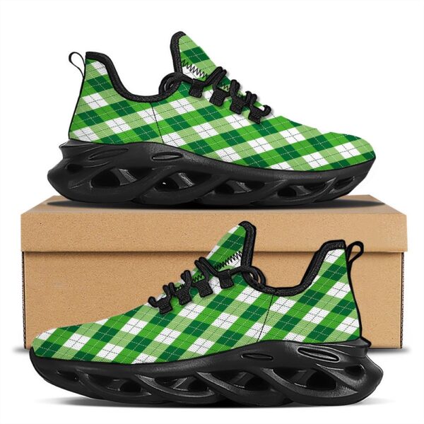 St Patrick’s Running Shoes, Plaid Saint Patrick’s Day Print Pattern Black Running Shoes, St Patrick’s Day Shoes