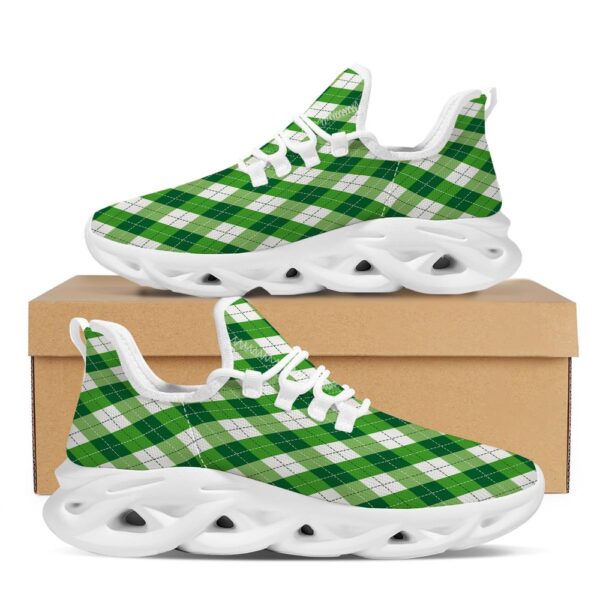 St Patrick’s Running Shoes, Plaid Saint Patrick’s Day Print Pattern White Running Shoes, St Patrick’s Day Shoes