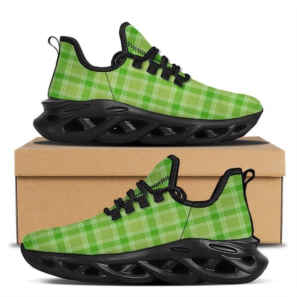 St Patrick’s Running Shoes, Saint Patrick’s Day Shamrock Plaid Print Pattern Black Running Shoes, St Patrick’s Day Shoes
