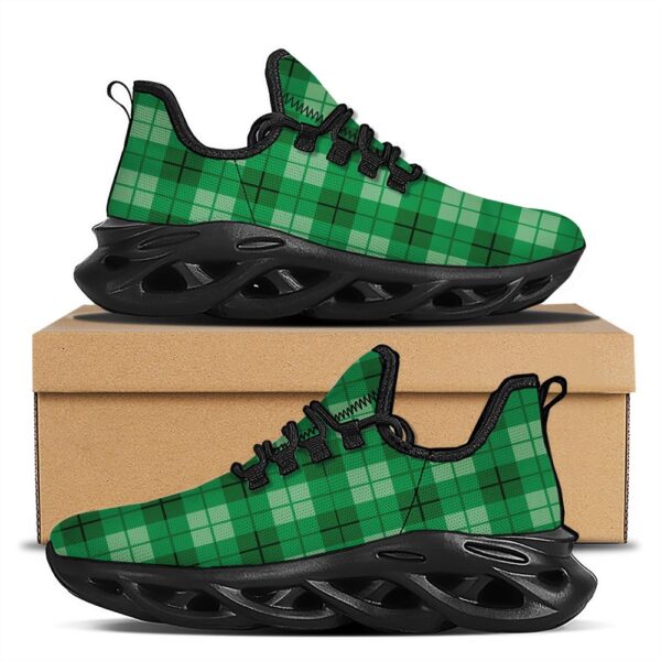 St Patrick’s Running Shoes, St. Patrick’s Day Shamrock Plaid Print Pattern Black Running Shoes, St Patrick’s Day Shoes