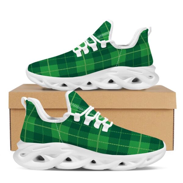 St Patrick’s Running Shoes, St. Patrick’s Day Shamrock Tartan Print Pattern White Running Shoes, St Patrick’s Day Shoes