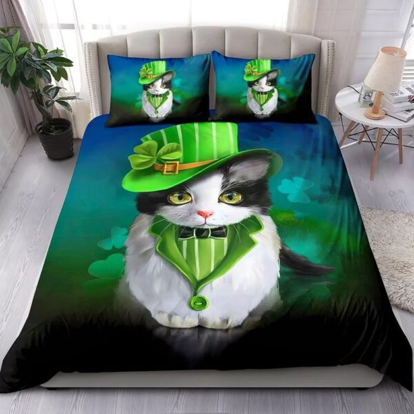St Patricks Day Bedding Set, Cutest Kitty Irish St Patrick’s Day Bedding Set Shamrock Love Cats