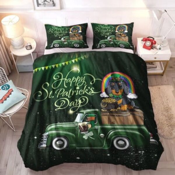 St Patricks Day Bedding Set, Happy St Patrick’s Day Bedding Set Dachshund Dog Bedding Set Green Truck Bedding Set Home Decoration