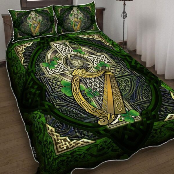 St Patricks Day Bedding Set, Irish Celtic Cross With Shamrock Quilt Bedding Set Clover Bedding Set Irish Pattern Bedding Set St Patrick’s Day