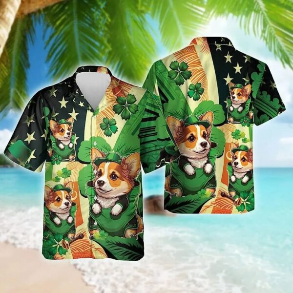St Patricks Day Hawaiian Shirt, Baby Corgi Patrick Hawaiian Shirt For Men, Patrick Dog Shirt, Button Vintage Aloha Hawaii Shirt