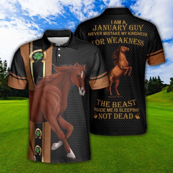 St Patricks Day Polo Shirt, Custom Name January Guy Horse Shamrocks Horseshoe Saint Patrick’s Day Birthday Gift Polo Shirt