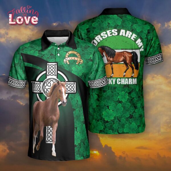 St Patricks Day Polo Shirt, Horse Celtic Cross Shamrock Pattern St Patrick Day Polo Shirt Irish Horse Are My Lucky Charm Polo Shirt