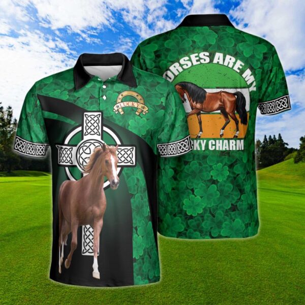 St Patricks Day Polo Shirt, Irish Horse My Lucky Charm Shamrocks Celtic Cross St. Patrick’s Day Gift For Horse Lovers Polo Shirt