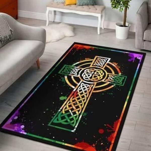 St Patricks Day Rug, Celtic Cross Carpet Colorful Watercolor Rug Irish Symbols Floor Mat St Patrick’s Day Carpet Home Decorations