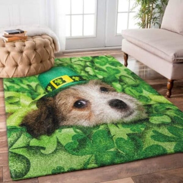 St Patricks Day Rug, Clover Pattern Rug Dog In Hat Floor Mat Happy St Patrick’s Day Carpet Dog Lover Rug Home Decorations