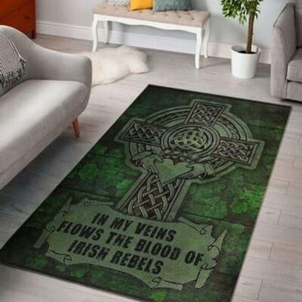 St Patricks Day Rug, In My Veins Flows The Blood Of Irish Rebels Rug Celtic Cross Carpet Vintage Floor Mat St Patrick’s Day Decor