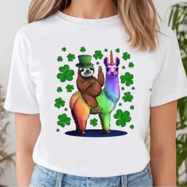 St Patricks Day T Shirt, Leprechaun Sloth Riding Llama Unicorn St Patricks Day T-Shirt, Funny St Patricks Day Shirts