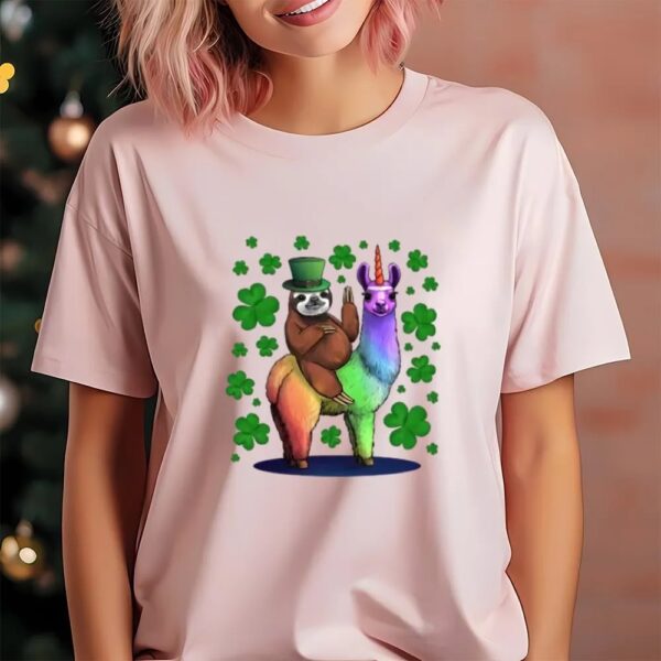 St Patricks Day T Shirt, Leprechaun Sloth Riding Llama Unicorn St Patricks Day T-Shirt, Funny St Patricks Day Shirts