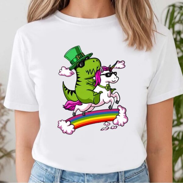 St Patricks Day T Shirt, Leprechaun T-Rex Dinosaur Riding Unicorn St Patricks Day Irish T-Shirt, Funny St Patricks Day Shirts