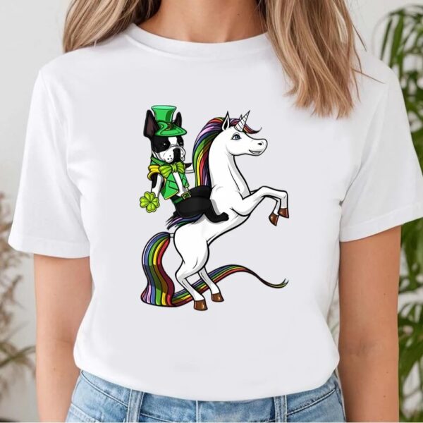St Patricks Day T Shirt, St Patricks Day Boston Terrier Dog Riding Unicorn T-Shirt, Funny St Patricks Day Shirts