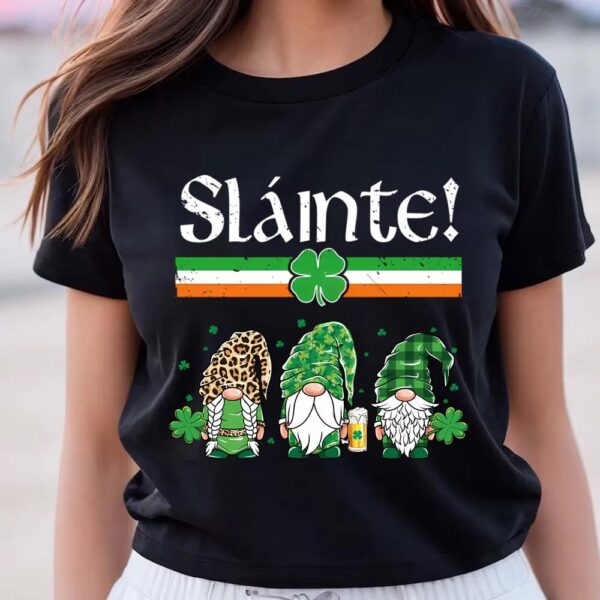 St Patricks Day T Shirt, Three Gnomes Leprechaun Irish Flag Cheers Slainte St. Patrick’s Day T-Shirt, Funny St Patricks Day Shirts