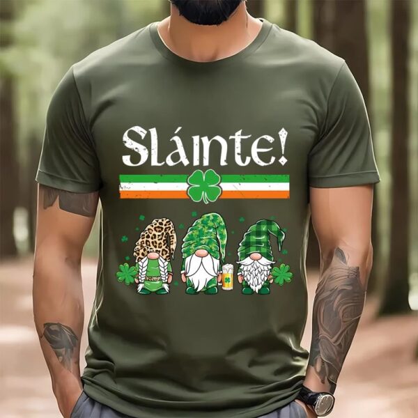 St Patricks Day T Shirt, Three Gnomes Leprechaun Irish Flag Cheers Slainte St. Patrick’s Day T-Shirt, Funny St Patricks Day Shirts