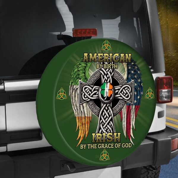 St Patricks Day Tire Cover, American By Birth Spare Tire Cover Celtic Cross Tire Cover Happy St Patrick’s Day Car Decoration
