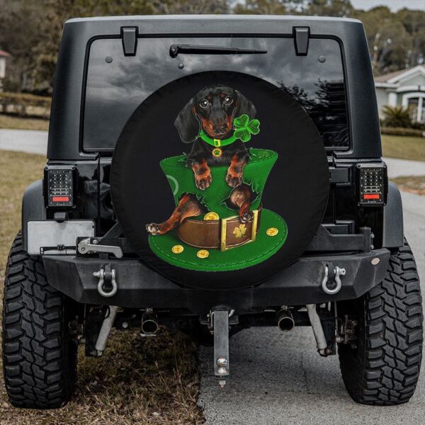 St Patricks Day Tire Cover, Dachshund Dog In Hat Spare Tire Cover Happy St Patrick’s Day Tire Wrap Dog Lover Cover Car Decor
