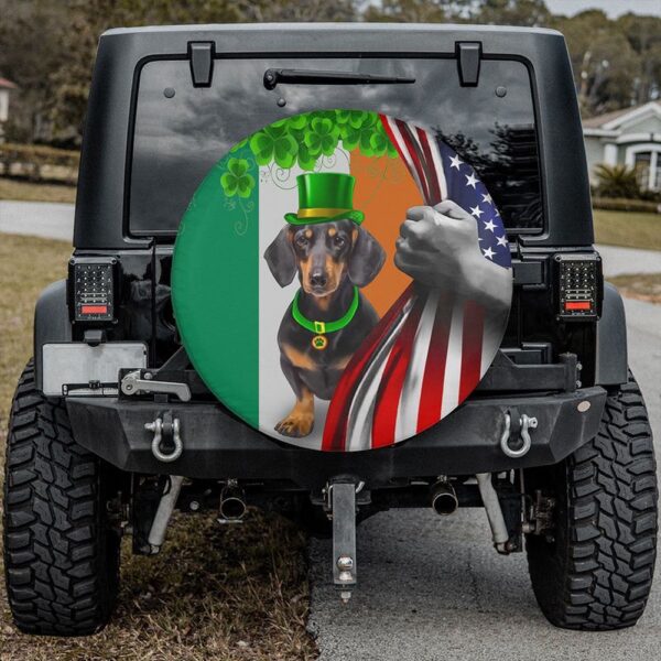St Patricks Day Tire Cover, Dachshund Puppy In Hat Spare Tire Cover Ireland American Flag Tire Cover Happy St Patrick’s Day Gift