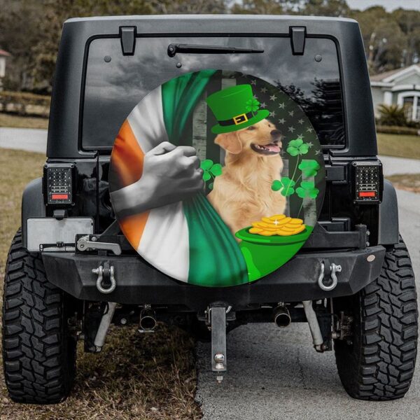St Patricks Day Tire Cover, Golden Retriever Irish Dog Shamrock Coin Lucky American Flag Spare Tire Cover St Patricks Day