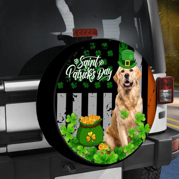 St Patricks Day Tire Cover, Golden Retriever Spare Tire Cover Happy St Patrick’s Day Tire Cover Dog Lover Car Decorations