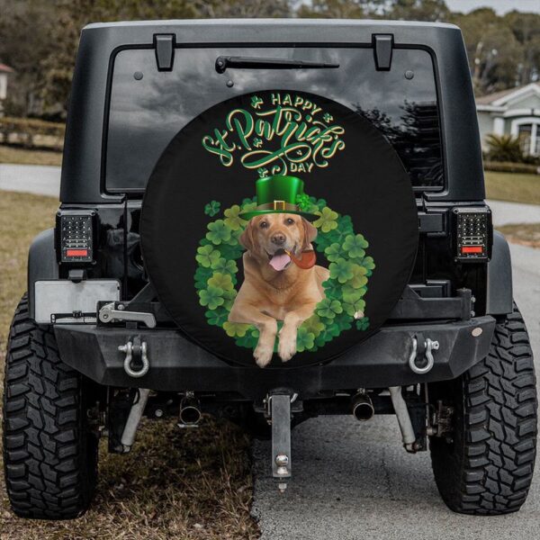 St Patricks Day Tire Cover, Happy St Patrick’s Day Spare Tire Cover Golden Dog In Hat Tire Wrap Clover Wreath Cover Car Decor