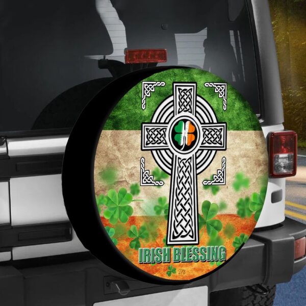 St Patricks Day Tire Cover, Irish Blessing Spare Tire Cover Irish Celtic Cross Irish Flag Shamrock Leaves