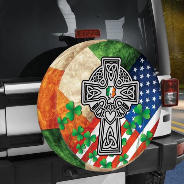 St Patricks Day Tire Cover, Irish Celtic Cross Irish Flag American Flag Irish Shamrock Spare Tire Cover St Patricks Day