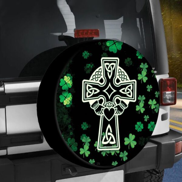 St Patricks Day Tire Cover, Irish Celtic Cross Shamrock Spare Tire Cover St Patricks Day Gift