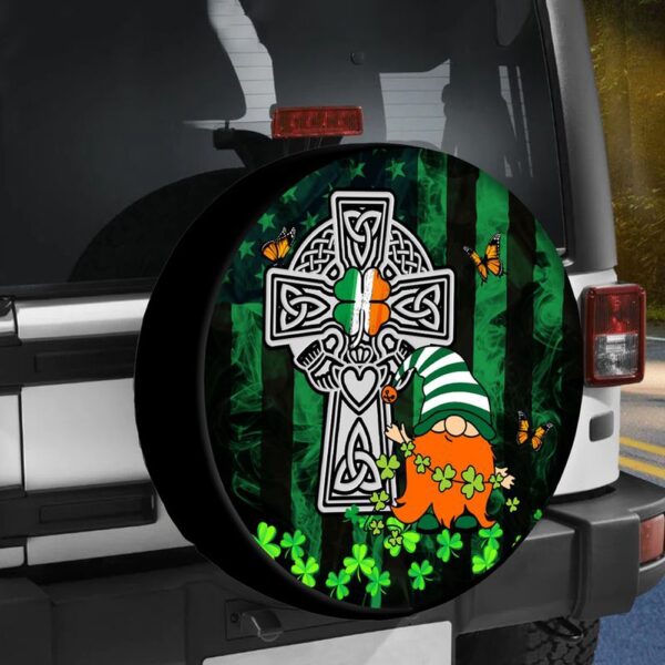 St Patricks Day Tire Cover, Irish St Patricks Day Gnome Celtic Cross Shamrock American Flag Spare Tire Cover Car Accessories