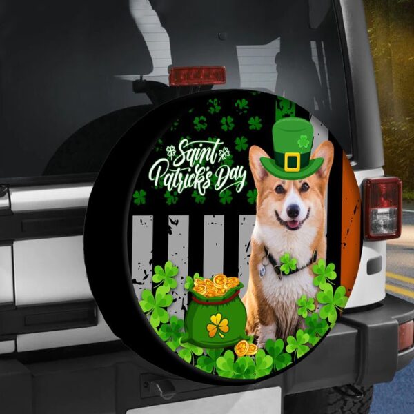 St Patricks Day Tire Cover, Irish Welsh Corgi Dog Spare Tire Cover Happy Saint Patrick’s Day Gift Irish Shamrock Lucky Gift