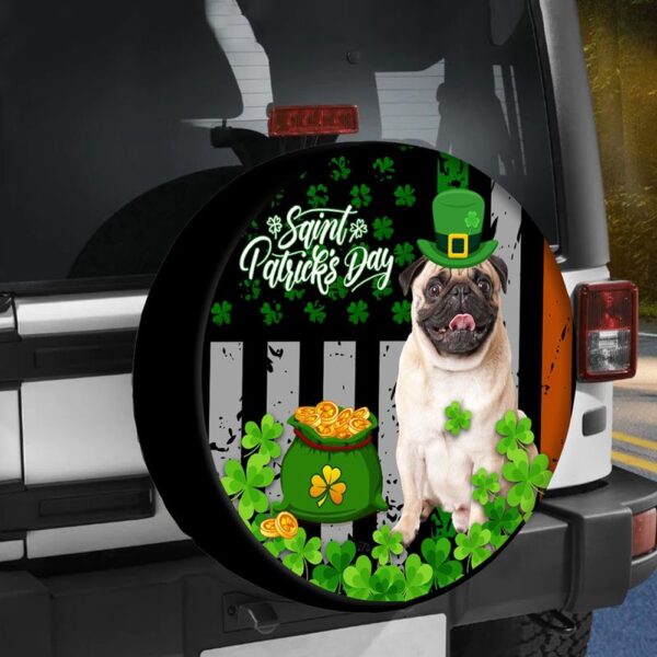 St Patricks Day Tire Cover, Pug Dog St Patricks Day Spare Tire Cover Irish Shamrock Lucky Wheel Cover Pet Owner Gift