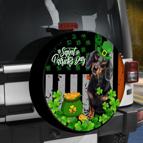 St Patricks Day Tire Cover, Spare Tire Cover With Dachshund Design Saint Patrick’s Day Tire Cover Clover Tire Wrap Car Decoration