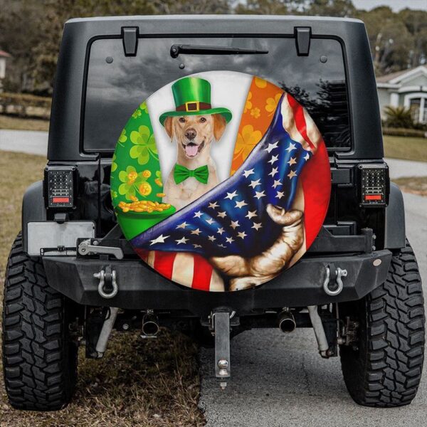 St Patricks Day Tire Cover, St Patrick Day Dog Labrador Irish Shamrock Lucky Spare Tire Cover American Flag Patriot
