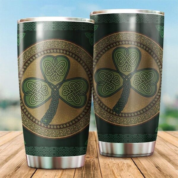 St Patricks Day Tumbler, Irish Cultural Pattern Lucky Clover In Circle Shape Happy Saint Patricks Day Stainless Steel Tumbler