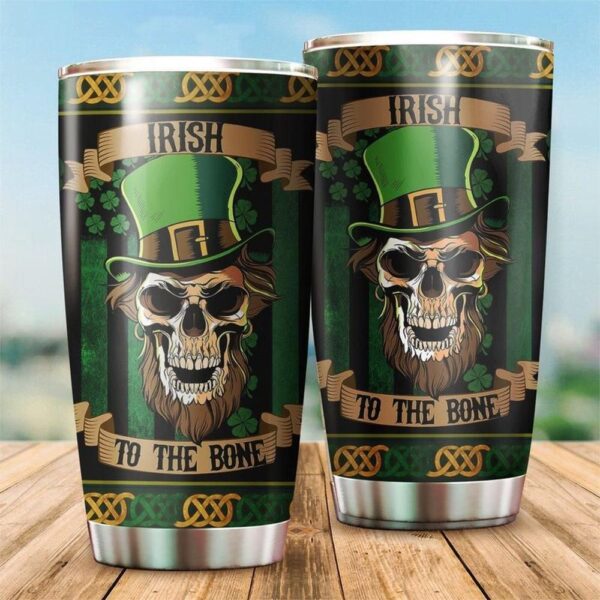 St Patricks Day Tumbler, Irish To The Bone Leprechaun Irish Skull Happy Saint Patrick’s Day Stainless Steel Tumbler