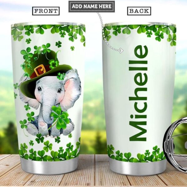 St Patricks Day Tumbler, Personalized Name Irish Elephant Coffee Tumbler Patrick Day Gift Stainless Steel Tumbler