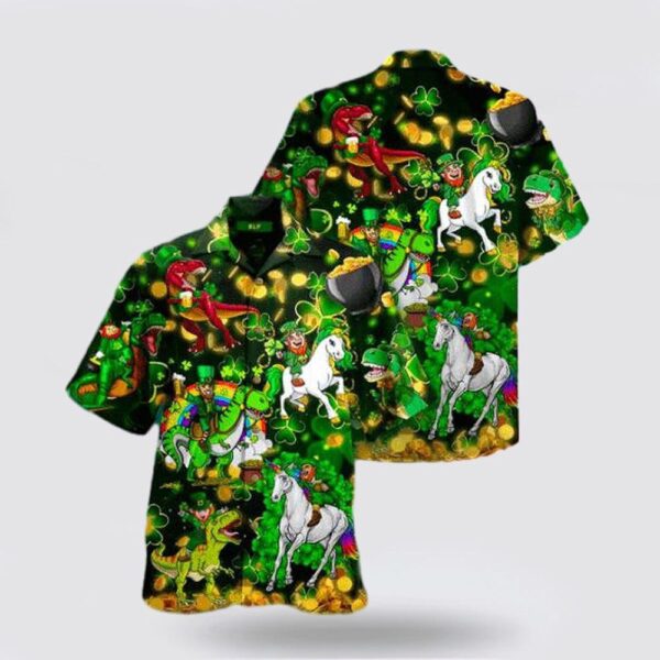 Unicorn Dinosaur Saint Patrick Hawaiian Shirt, St Patricks Day Shirts, Shamrock Hawaiian Shirt
